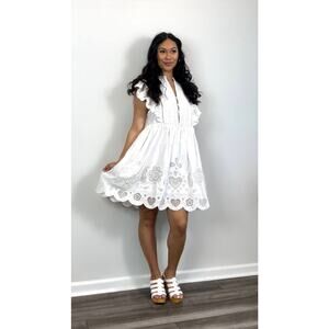 SEA White‎ Jeanetta Eyelet Mini Dress in White Large A-Line Lace Lined Cotton